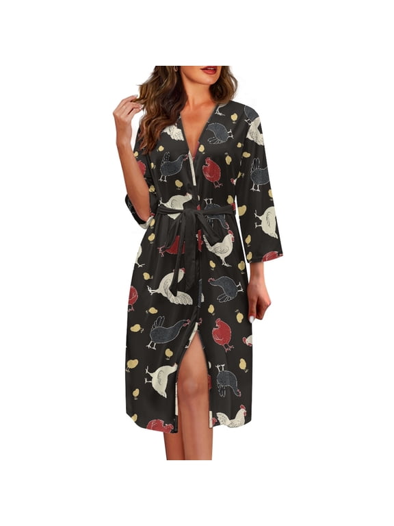 Rooster Chicken Pattern Nightgowns, Adjustable Belt 3/4 Sleeve Elastic Cloth Soft Lightweight Sleepwear for Women Sleeping and Spa