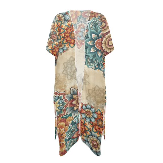 HELLHERO Rooster & Floral Mandala Bathing Suit Cover Up Loose Fit Polyester Quick Dry Long Kimono Swimsuit Cover Up