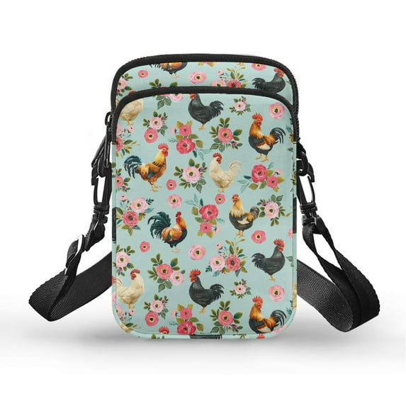 HELLHERO Rooster Floral Pattern Adjustable Strap Crossbody Bag for Adult Outdoor Daily Use Outdoor Travel 4.33"x1.97"x7.09" Polyester