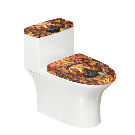 HELLHERO Rooster Floral Pattern Toilet Lid Cover and Toilet Tank Lid Cover Set of 2 Polyester Non-Slip for Women