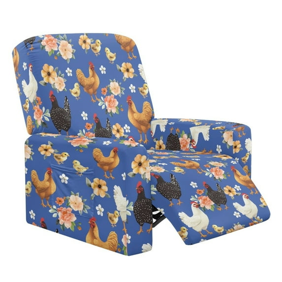 HELLHERO Rooster Flower Print Recliner Chair Slipcovers for Reclining Chair 4 Piece Recliner Cover 1 Seat Extra Large Lift Chair Covers with Side Pockets, Blue