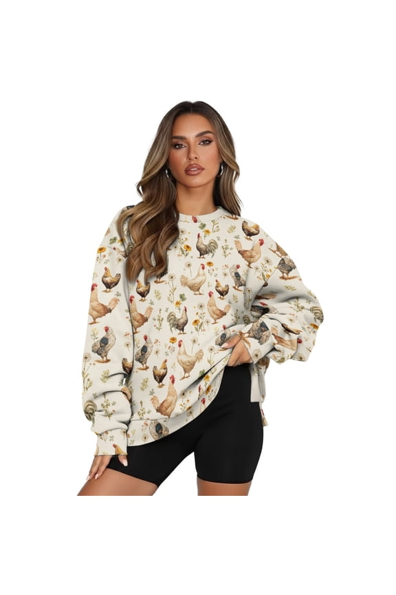 Rooster Flower Print Women Sweater Fall Long Sleeve Pullover Top Casual Loose Crewneck Sweatshirt Fall Winter Clothes Size XXL