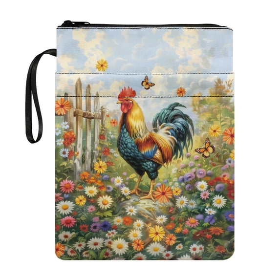 HELLHERO Rooster in Pastoral Setting Book Sleeve, 1pcs Polyester Fabric Zipper Book Storage Bag for Books, Magazines, and Stationery, 11.42 x 8.66 Inch