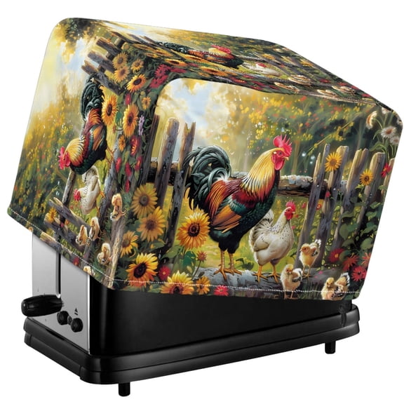 HELLHERO Rooster Sunflowers Print Toaster Cover, 2 Slice Stain-resistant Bread Machine Dust Cover with Top Handle and Adjustable Drawstring (11.4"x7.8"x7.5")