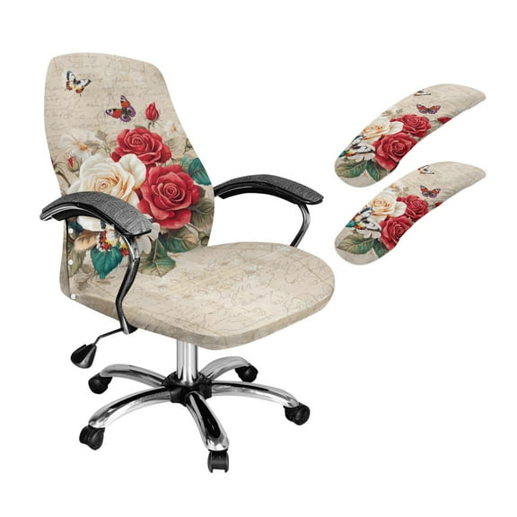 HELLHERO Rose Butterfly Print Office Chair Cover Set, Anti Dust Gaming Chair Seat Cover with Arm Rest Covers, Stretchable Rotating Boss Chairs Slipcover, Home Decor
