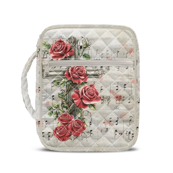 HELLHERO Rose Cross Musical Print Bible Cover Case, Zippered Pocket Dustproof Quilted Bibles Carrying Case Polyester Fabric Quilted Bible Organizer Bag for Spiritual Daily Use