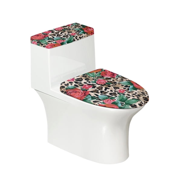 HELLHERO Rose Leopard Print Keep Dust Stain Toilet Covers Set Soft Elastic Fabric, Fits All Toilet Shapes, Universal U-Shaped