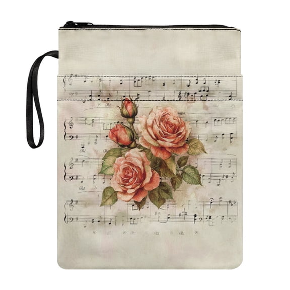 HELLHERO Rose Music Design 1 pc Classic Books Sleeve with Washable Zipper Polyester Easy Carry Book Case for Women Class Office Pocket Fater