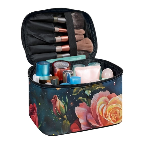 HELLHERO Rose Pattern Portable Cosmetic Bag Case with Brush Slots Travel Cosmetic Bags with Large Capacity Airport Airline Vacation Organization Thoughtful Gift