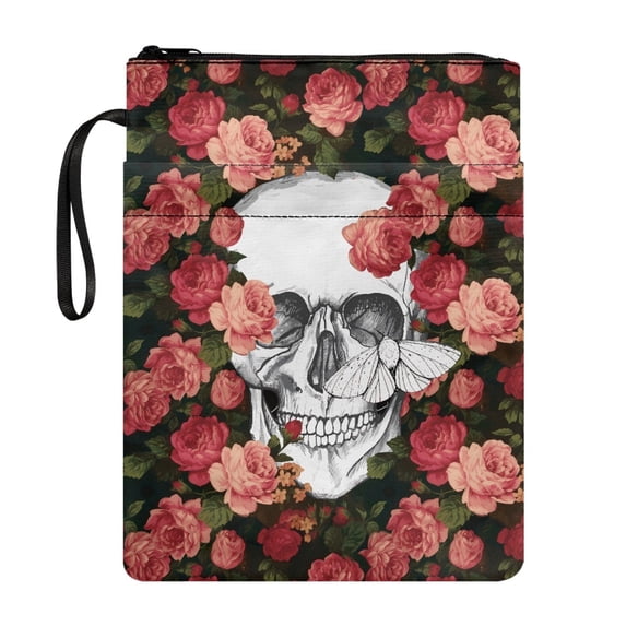 HELLHERO Rose Skull Bloom 11.4 Inch X 8.66 Inch Polyester Book Sleeve Cover - Book Storage Bag for Classroom Library, Bible
