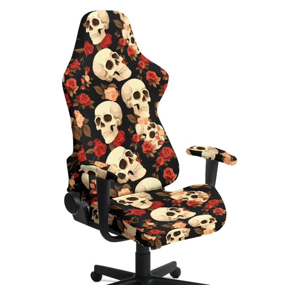 HELLHERO Rose Skulls 4 Piece Gaming Chair Covers with Armrest Covers for Gamer, Spandex Computer Chair Cover Soft Stretchable Armrest Slipcovers for Home