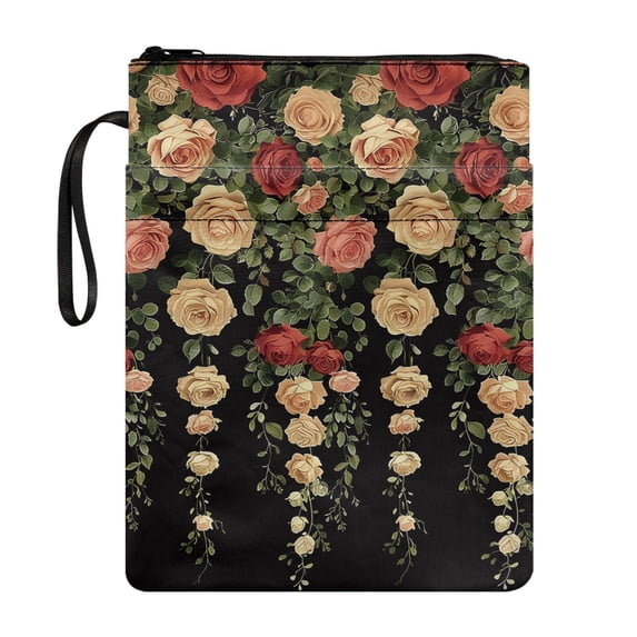 HELLHERO Rose Vine Art 1pcs Zipper Pouch with Book Protection Retro Easy Carry Book Case Protector Wrap Bag with Waterproof for Men Book Carrying Case