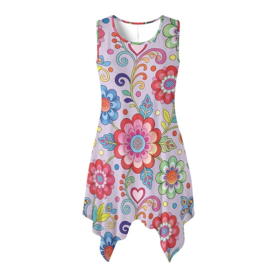 HELLHERO Round Neck Sleeveless Sundress, Floral Print with Heart Accents Women's Midi Dress Polyester Side Pockets Sleeveless Sundresses Non Deform