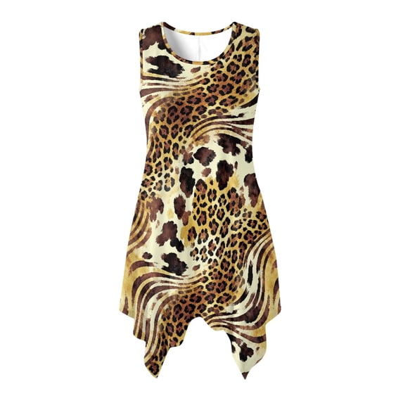 HELLHERO Round Neck Summer Sleeveless Dress, Leopard Zebra Mix Print Sleeveless Sundress Polyester Side Pockets Ladies Irregular Hem Casual Dress Non-Fade