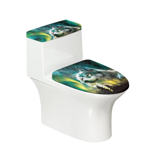 HELLHERO Round Toilet Lid Dust Cover, Stretch Fit Polyester Fabric Bathroom Toilet Cover Set, U-Shaped Wolf Motif