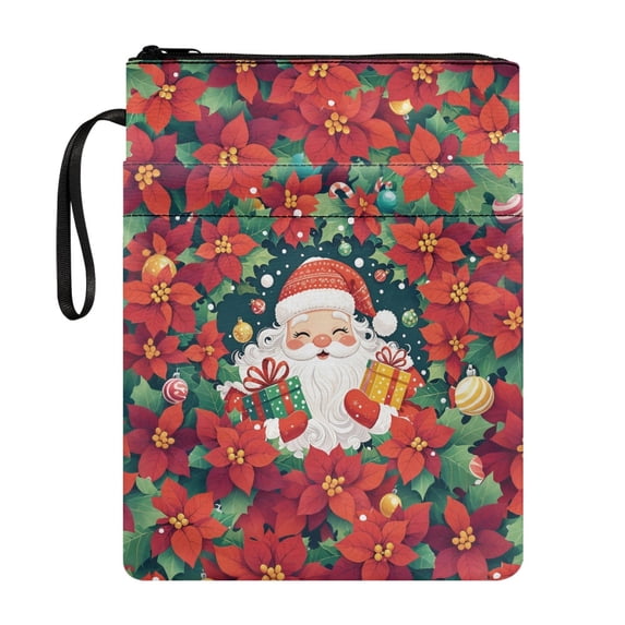 HELLHERO Santa with Gift Boxes and Poinsettias Notebook Wraps with Washable Polyester Fabric Zipper Pouch with Zipper for Stationery, Accessories Book Storage Bag