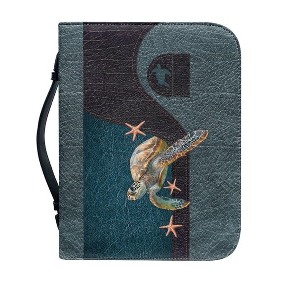 HELLHERO Sea Turtle Bible Cover Zippered Pockets for Church Outdoor Study Christian Prayer, PU Leather Portable Church Bible Bag