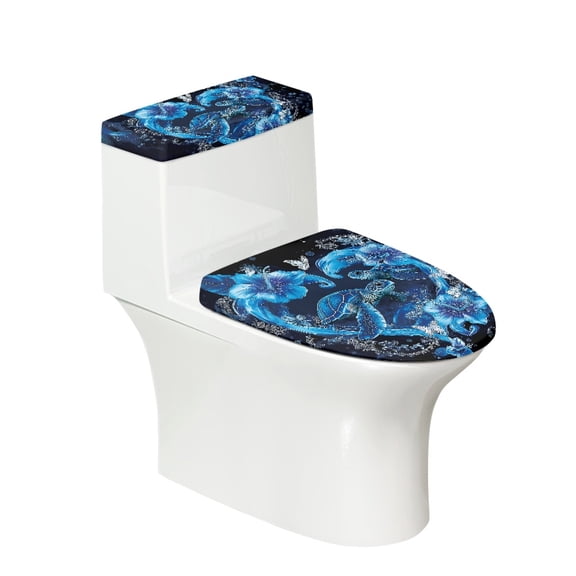 HELLHERO Sea Turtle Bloom Polyester Toilet Top Cover Set Toilet Seat Cover Fits All Toilet Shapes Stretch Soft Non-Slip Adjustable for 17x21 Inches