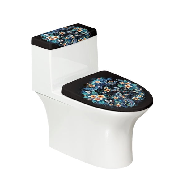 HELLHERO Sea Turtle Floral Print Toilet Lid Dust Cover, Dust Proof Stays in Place Toilet Lid Cover Set Polyester Soft Toilet Lid Covers for Bathroom Home