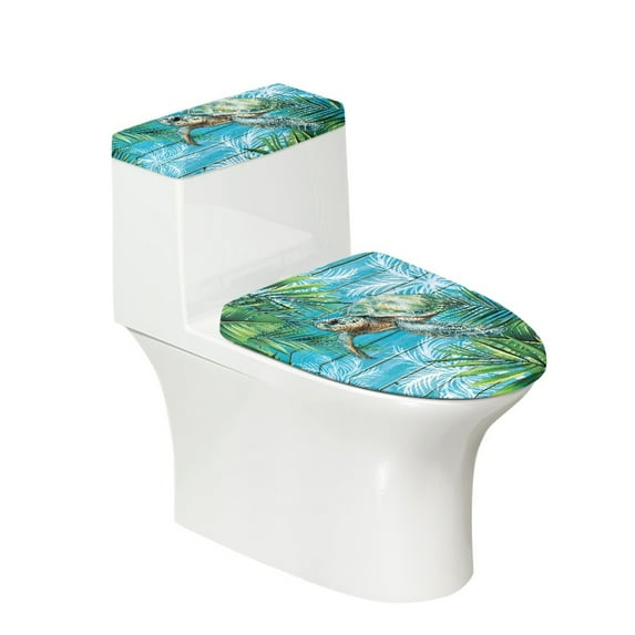 HELLHERO Sea Turtle Polyester Toilet Lid Cover and Toilet Tank Lid Cover Toilet Lid Seat Cover Set Elastic Edge Adjustable Stretch Washable Soft for 17x21 Inches