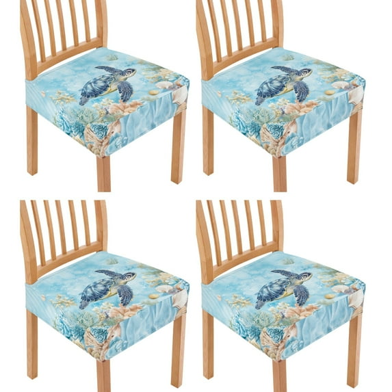 HELLHERO Sea Turtle Print Dining Chair Seat Cover Set of 4, Stretchable Dining Chair Seat Covers Stretch, Easy Install Chairs Covers for Kitchen, Blue