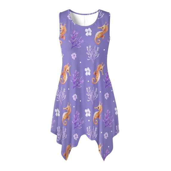 HELLHERO Seahorse Coral Pleated Sundress, Sleeveless Women Sleeveless Tank Dress Crew Neck Side Pockets Sleeveless Sundress