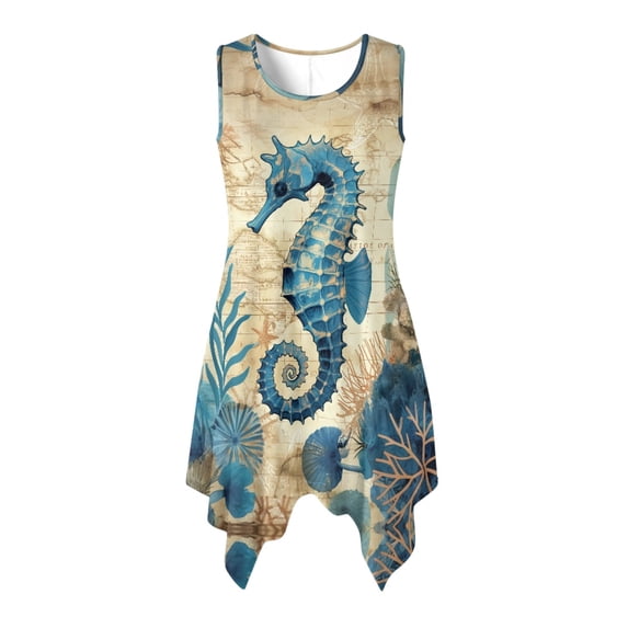 HELLHERO Seahorse Ocean Map Summer Sleeveless Dress, Side Pockets Summer Sleeveless Sundress Round Neck Asymmetric Asymmetric Dresses for Party Cocktail Party