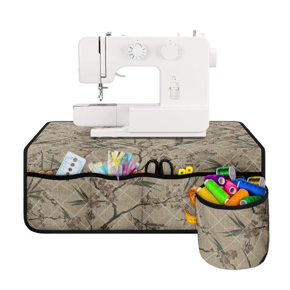 HELLHERO Sewing Machine Mat with 4 Pockets Easy to Clean Sewing Machines Table Pad Fabric Polyester Storing Accessories, Retro Bamboo and Floral Design