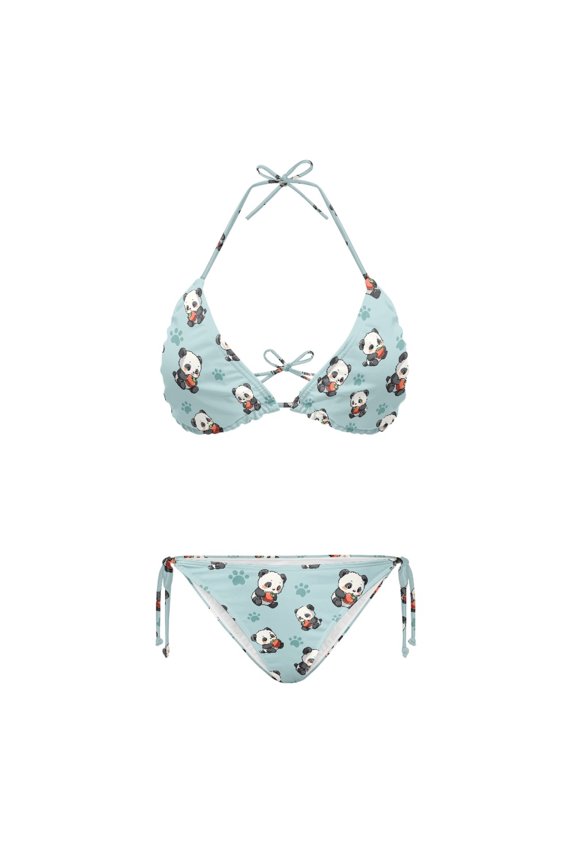 Sexy Ladies' Backless Bikini Set Panda Paw Prints Plus Size Design Drawstring Design Loose Design Halter Bikini Set