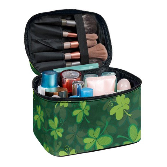 HELLHERO Shamrock Pattern Make up Cosmetic Bags with Brush Slots Women Travel Storage Home Travel Office Handy Wide-open