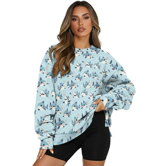 HELLHERO Shark Heart Print Women Pullover Top Long Sleeve Casual Oversized Sweatshirt, Crewneck Sweater Fall Fashion 2025 Size XXL