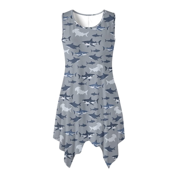 HELLHERO Shark Pattern Design Sleeveless Sundress for Beach Vacation Pool Party, Irregular Hem Side Pockets Asymmetric Hem Midi Dress