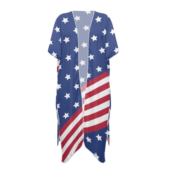 HELLHERO Short Sleeve Bathing Suit Cover Up for Beach Polyester Breathable Long Kimono Swimsuit Cover Up American Stars Stripes