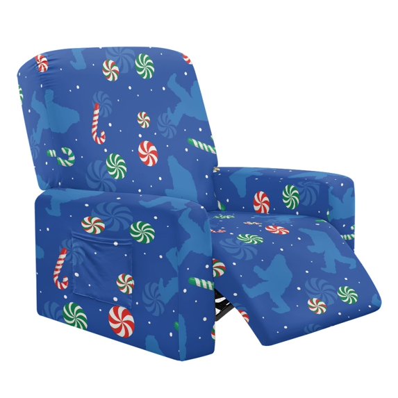 HELLHERO Side Pocket Design 4 Pieces Reclining Chair Slipcover for Kids, Polyester Spandex Washable Recliner Chair Covers for Living Room, Bigfoot Christmas Candy