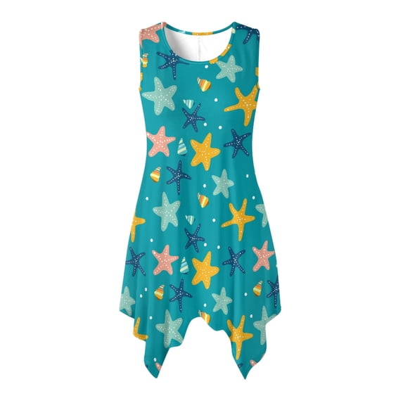 HELLHERO Side Pockets Ladies Irregular Hem Casual Dress, Starfish Pattern Summer Sleeveless Dress Polyester Durable Asymmetric Dresses Round Neck