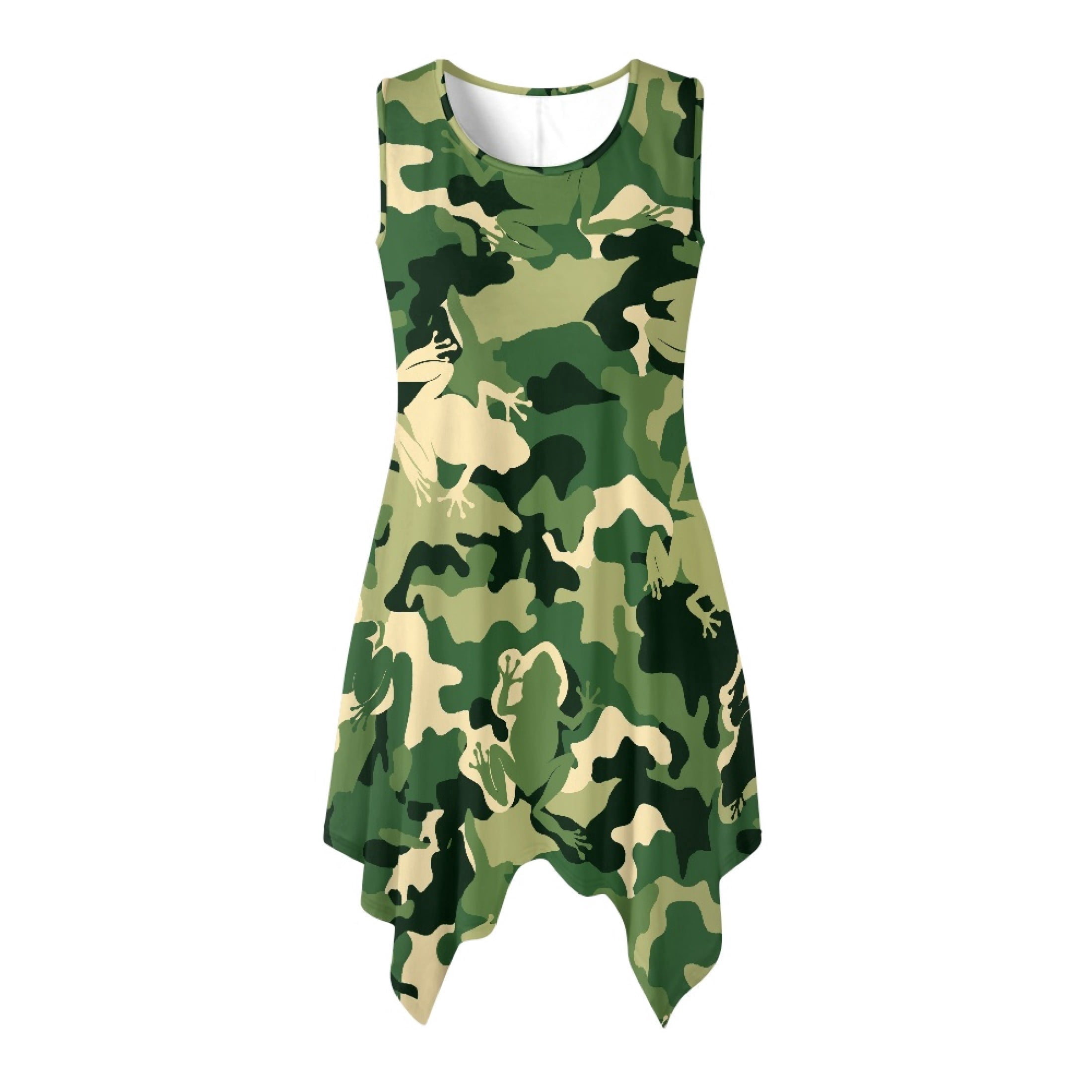 ladies frog dress HELLHERO Side Pockets Irregular Hem Midi Dress, Camouflage Pattern Summer Sleeveless Polyester Round Neck Sleeveless Sundress Durable frog dress