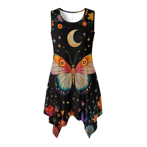 HELLHERO Side Pockets Sleeveless Sundress, Butterfly and Moon Pattern Summer Sleeveless Dress Polyester Irregular Hem Midi Dress Shape Stable