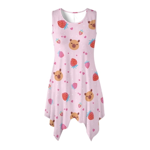 HELLHERO Side Pockets Sleeveless Sundress, Capybara Strawberry Pattern Sleeveless Midi Dress Polyester Irregular Hem Asymmetric Hem Midi Dress Round Neck