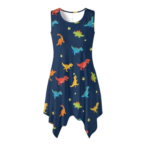 HELLHERO Side Pockets Sleeveless Sundress, Cute Dinosaur Stars Pattern Summer Sleeveless Dress Polyester Pleated Ladies Irregular Hem Casual Dress Round Neck