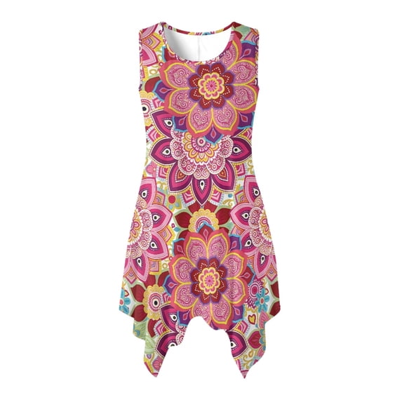 HELLHERO Side Pockets Sleeveless Sundress, Mandala Floral Pattern Summer Sleeveless Sundress Polyester Asymmetric Summer Sleeveless Dress Round Neck