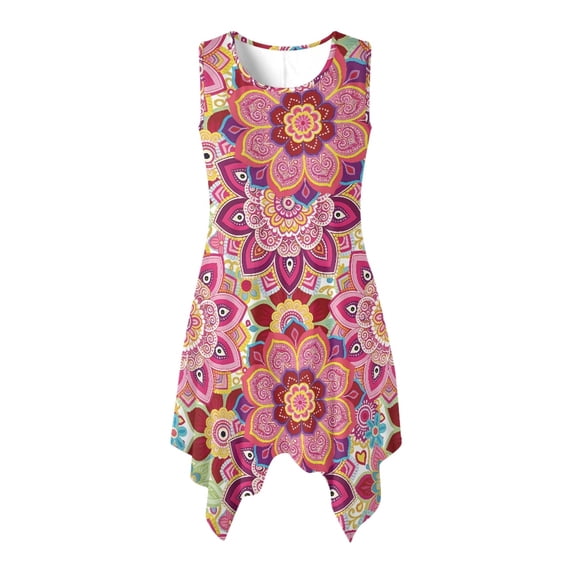 HELLHERO Side Pockets Sleeveless Sundress, Mandala Floral Pattern Summer Sleeveless Sundress Polyester Asymmetric Summer Sleeveless Dress Round Neck