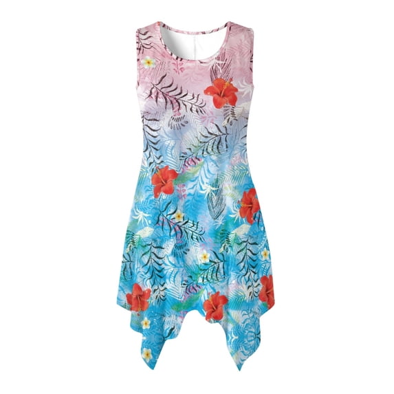 HELLHERO Side Pockets Sleeveless Sundress, Tropical Floral Print Summer Sleeveless Dress Premium Polyester Round Neck Asymmetric Hem Midi Dress Tank