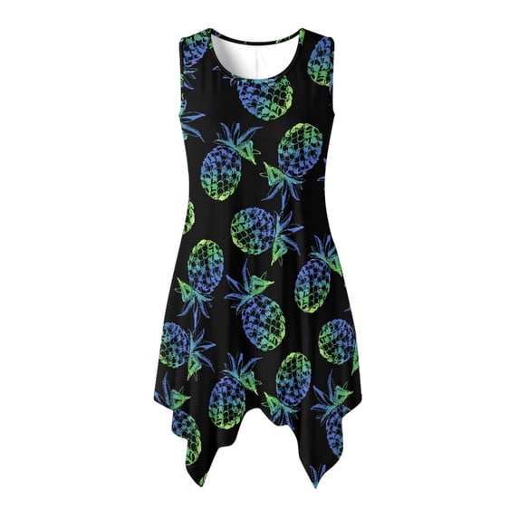 HELLHERO Side Pockets Summer Dresses, Blue Pineapple Sleeveless Dress Polyester Anti Wrinkle Asymmetric Hem Midi Dress Round Neck