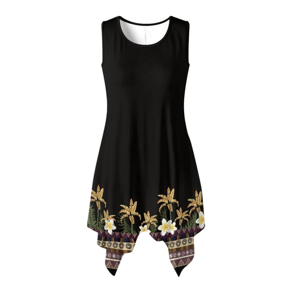 HELLHERO Side Pockets Summer Long Dresses, Tropical Floral Border Sleeveless Sundress Polyester Irregular Hem Summer Sleeveless Dress Tank