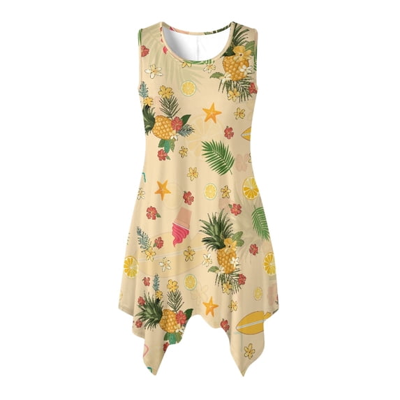 HELLHERO Side Pockets Summer Sleeveless Dress, Tropical Fruit Print Sleeveless Dresses Polyester Round Neck Sleeveless Sundress Irregular Hem