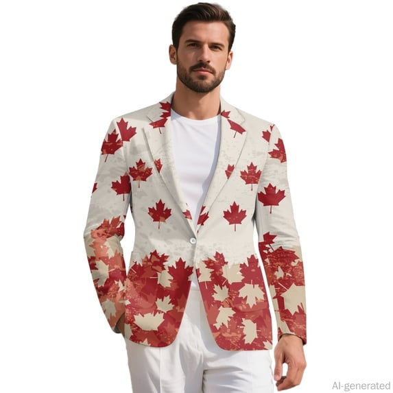 HELLHERO Single Breasted Suit Jacket, Red Maple Leaf Print Polyester Slim Fit Men's Business Suit Jacket for Casual Summer