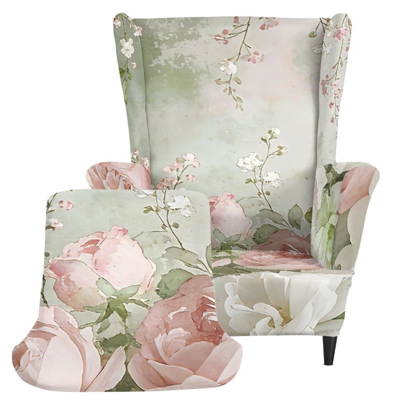 HELLHERO Single-Seat Wingback Armchair Covers Rose Floral Print 2 Piece Armchair Slipcover for Living Room, Spandex Dustproof Non-slip Wingback Chair Cover