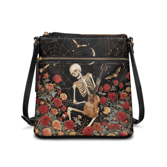 HELLHERO Skeleton Playing Guitar with Roses Shoulder Bag, Lightweight Purse Satchel Smooth Zipper Water-Resistant Crossbody Bag for Commuter Daily Commute