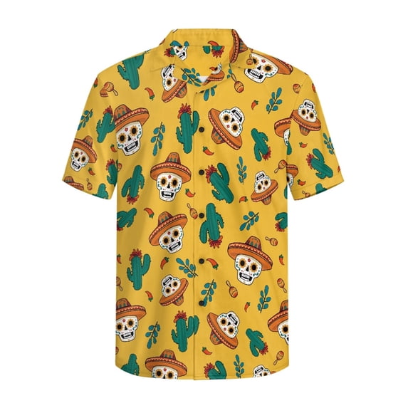 HELLHERO Skull Cactus Sweat Releasing Men's Short Sleeve Shirt, Comfortable Soft Men's Short Sleeve Button Shirt for Beach Home Vacation