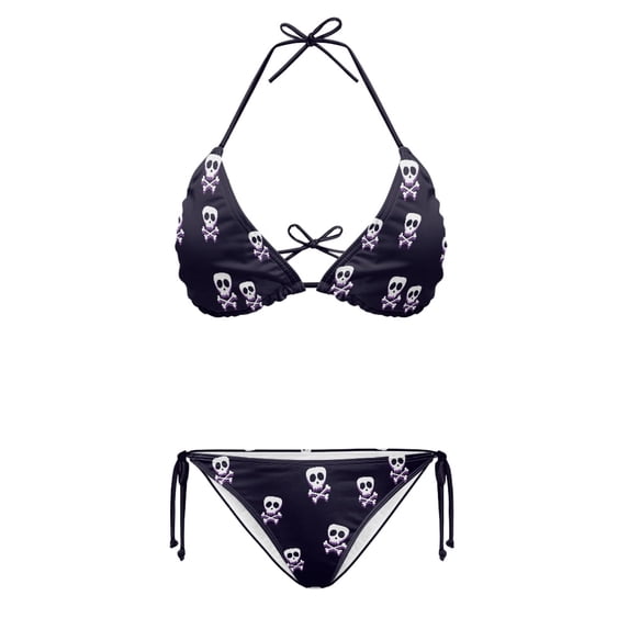 HELLHERO Skull Crossbones Print Ladies Bikini Set Two Piece Swimwear Lightweight Halter Triangle Bathing Suit Gothic Swimwear for Beach